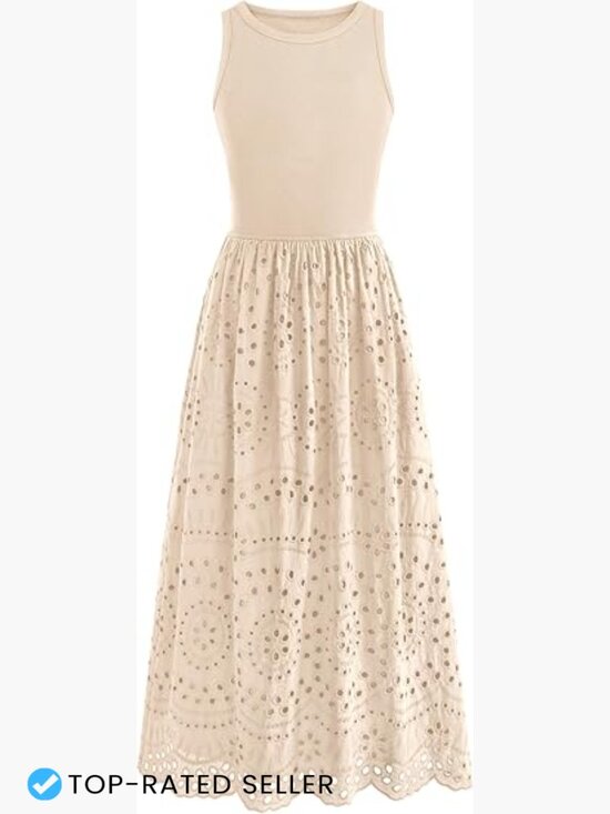 Dresses & Skirts - Sleeveless Lace Eyelet Cotton Maxi Dress A-Line Boho Casual with Pockets